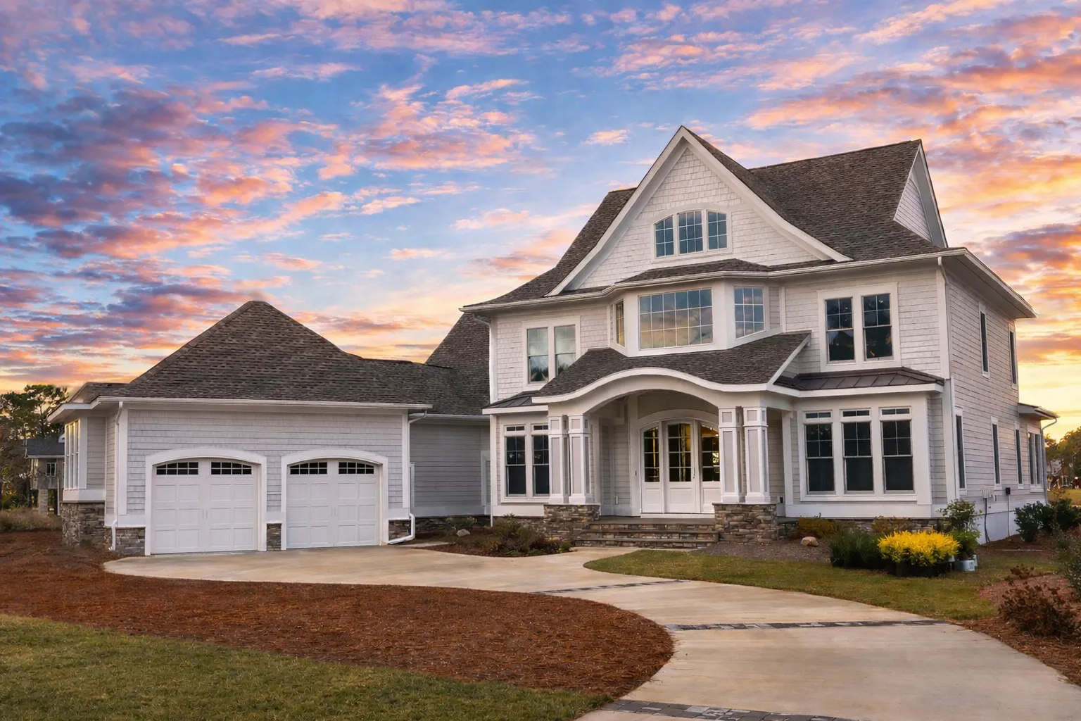 4 Bedroom House Plans 24 Front elevation of a New American Colonial style home with shingle siding, balanced windows, and covered entry