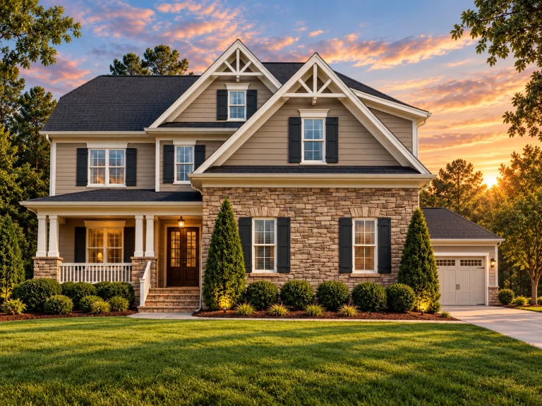Front elevation of a New American Craftsman home featuring stone veneer, horizontal siding, gabled rooflines, and a welcoming covered porch