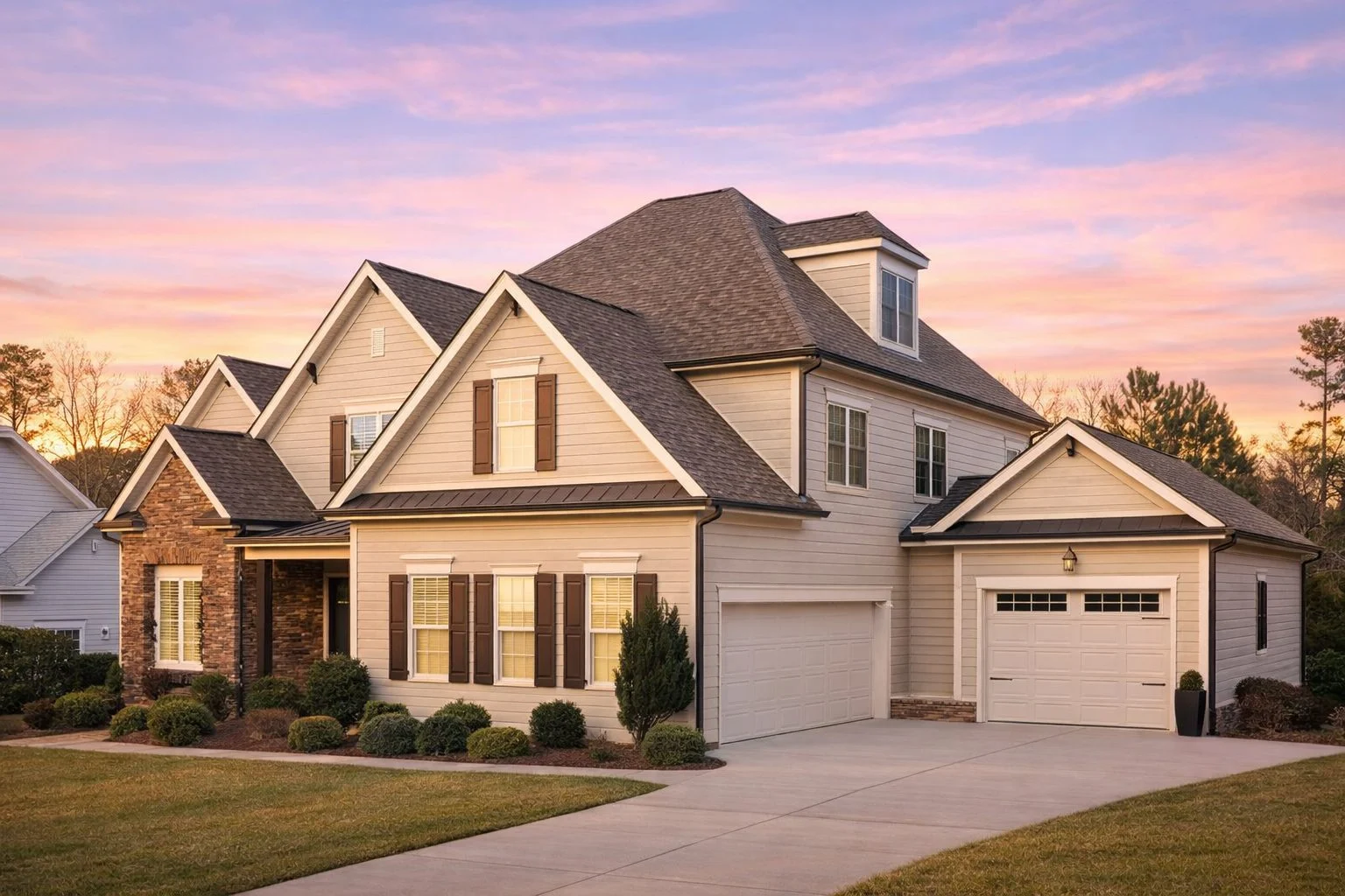 Front elevation of a New American Traditional style home featuring brick exterior, lap siding, symmetrical windows, and steep gabled rooflines