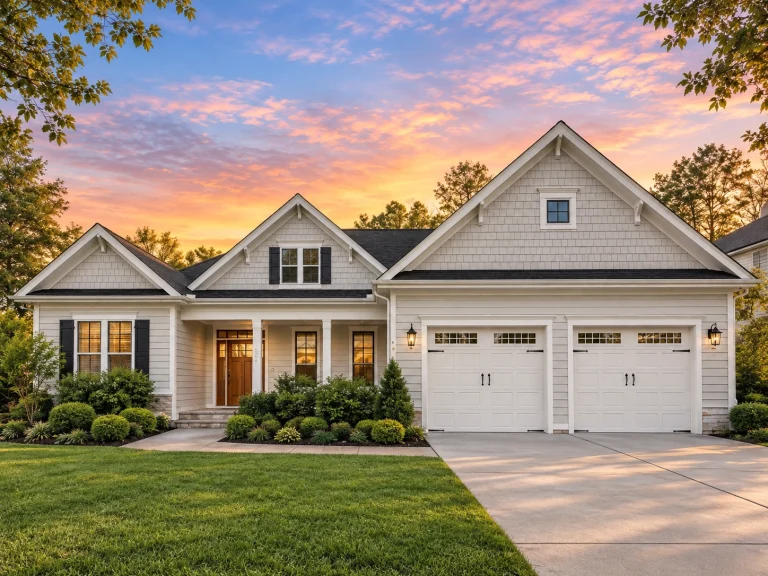 Front elevation of a New American Craftsman style house featuring horizontal siding, stone accents, gabled rooflines, and a covered front porch
