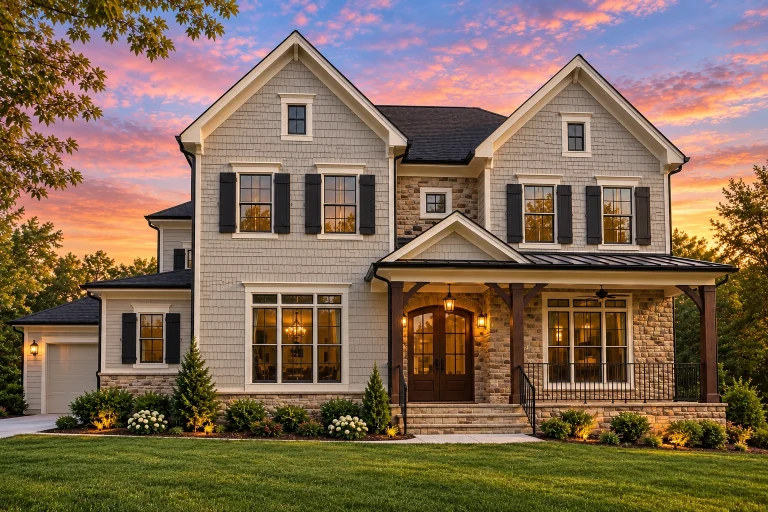 Front elevation of a Modern Farmhouse with white lap siding, stone veneer, black shutters, and covered porch entry