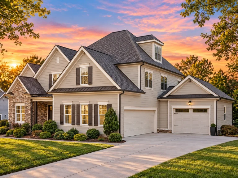 Front elevation of a New American Traditional style home featuring brick exterior, lap siding, symmetrical windows, and steep gabled rooflines