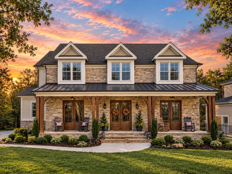 Front exterior of a Southern Farmhouse style home with Colonial symmetry, covered wraparound porch, lap siding, and gabled dormers
