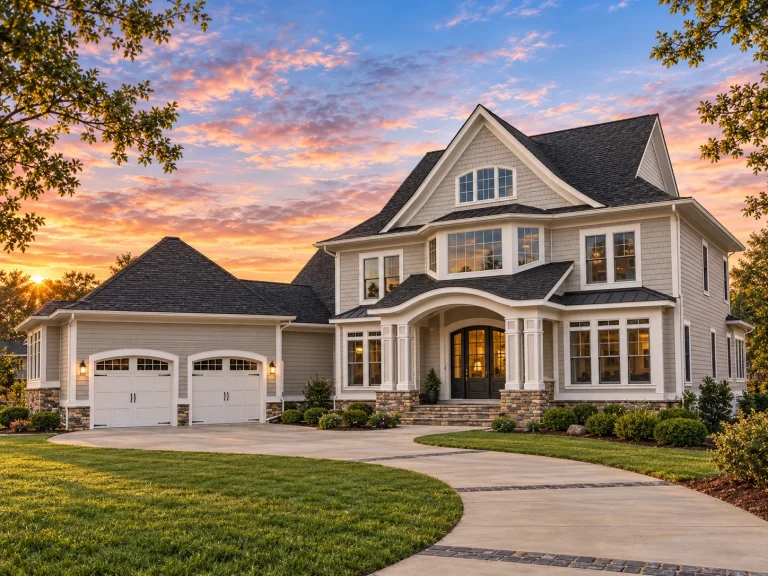 Front elevation of a New American Colonial style home with shingle siding, balanced windows, and covered entry