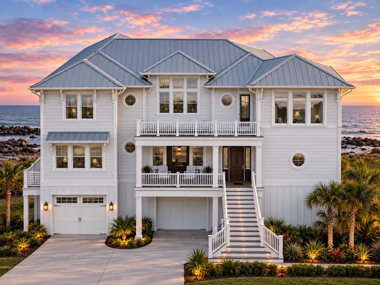 Top Designer-Approved House Plans 11 Front elevation of a Coastal Low Country style beach house with elevated design, lap siding, balconies, and ground-level garage