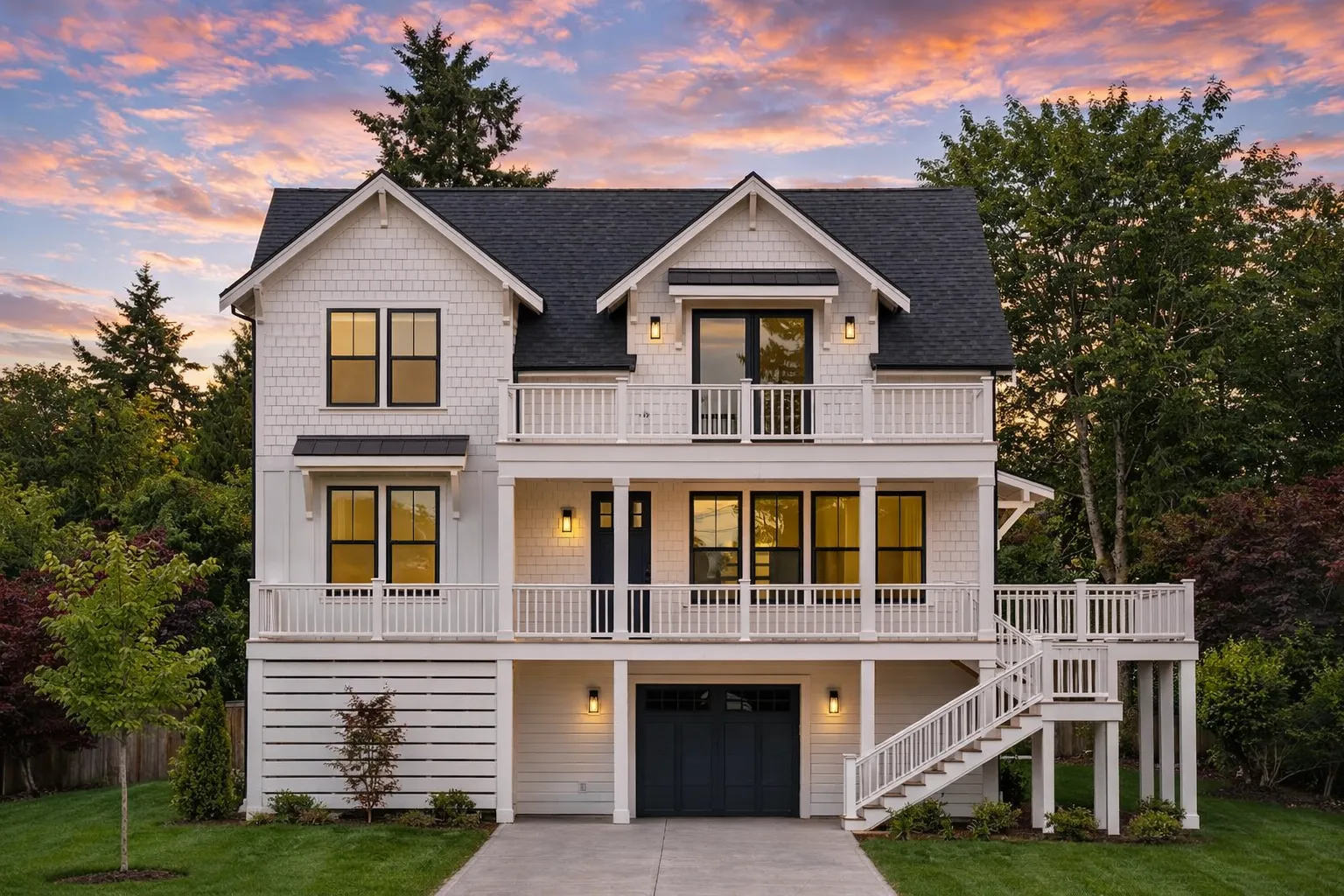 Front elevation of Coastal Traditional Low Country style home with horizontal lap siding, elevated foundation, covered porch, and upper balcony