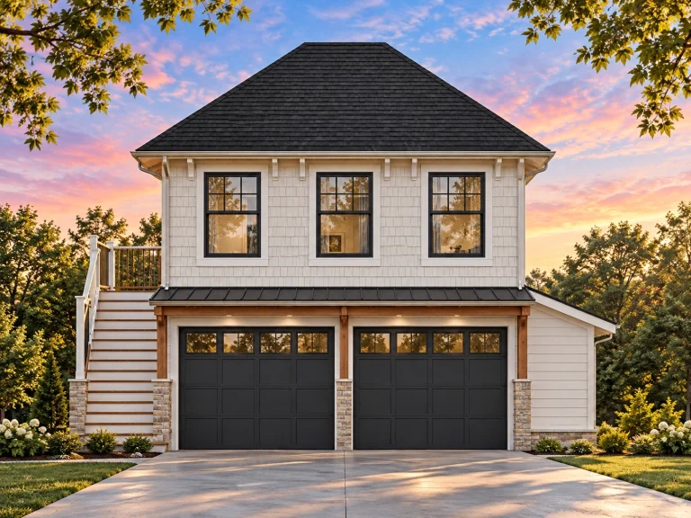 Front elevation of a Colonial-style carriage house garage apartment with horizontal lap siding, twin garage doors, and upper-level living space