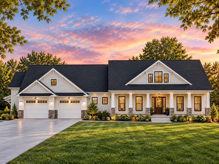 Front elevation of a modern farmhouse style home with board and batten siding, gabled rooflines, front porch, and attached garage
