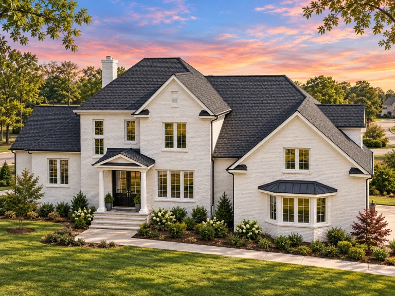 Front elevation of a Modern Farmhouse style home featuring board and batten siding, horizontal lap siding, stone accents, and a symmetrical two-story design