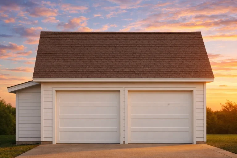 SEO Image Alt Text: Traditional carriage house style two-car garage with horizontal siding, gable roof, and classic trim details