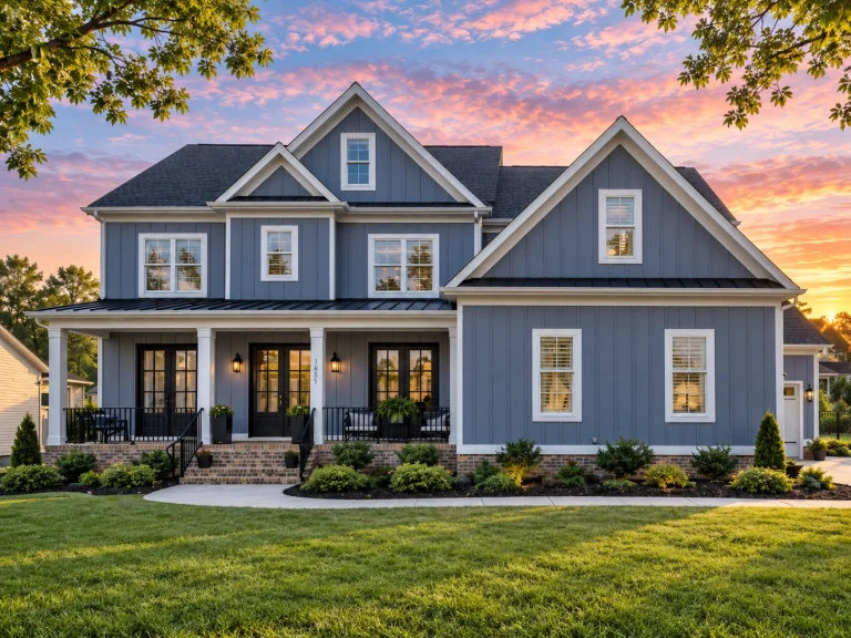 Ranch House Plans 3 Front elevation of a New American Modern Traditional home with board and batten siding, covered porch, and coastal-inspired detailing