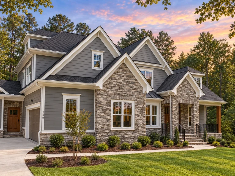 Ranch House Plans 17 Front elevation of a New American Craftsman style house featuring stone veneer, horizontal siding, gabled rooflines, and covered entry porch