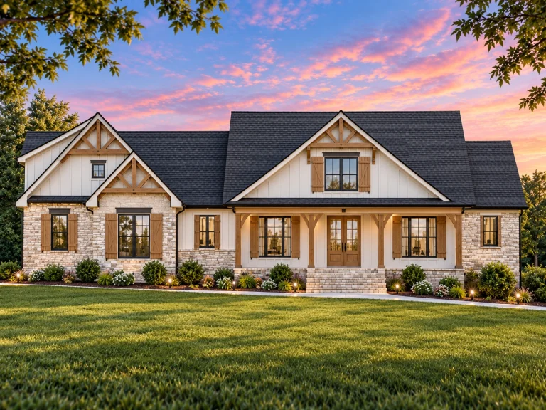 Front elevation of a Modern Farmhouse style home featuring board and batten siding, stone accents, gabled rooflines, and a covered front porch