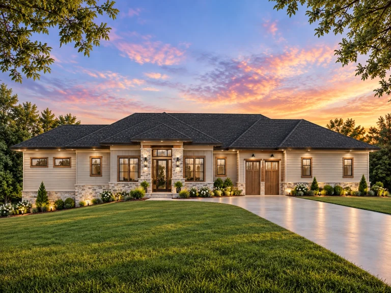 Front elevation of a Transitional Ranch style home with horizontal siding, stone accents, low-pitched rooflines, and modern farmhouse curb appeal