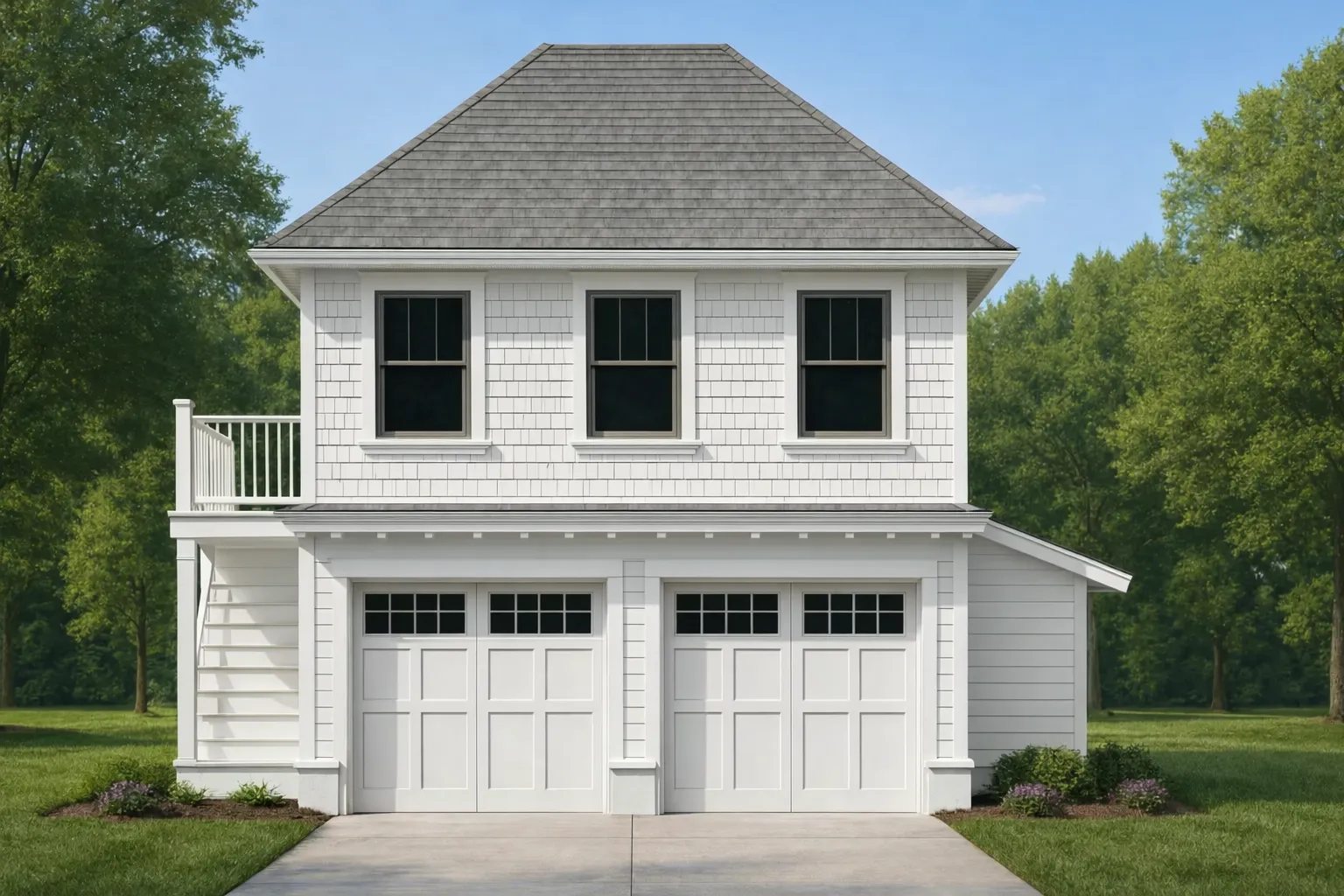 Front elevation of a Colonial-style carriage house garage apartment with horizontal lap siding, twin garage doors, and upper-level living space