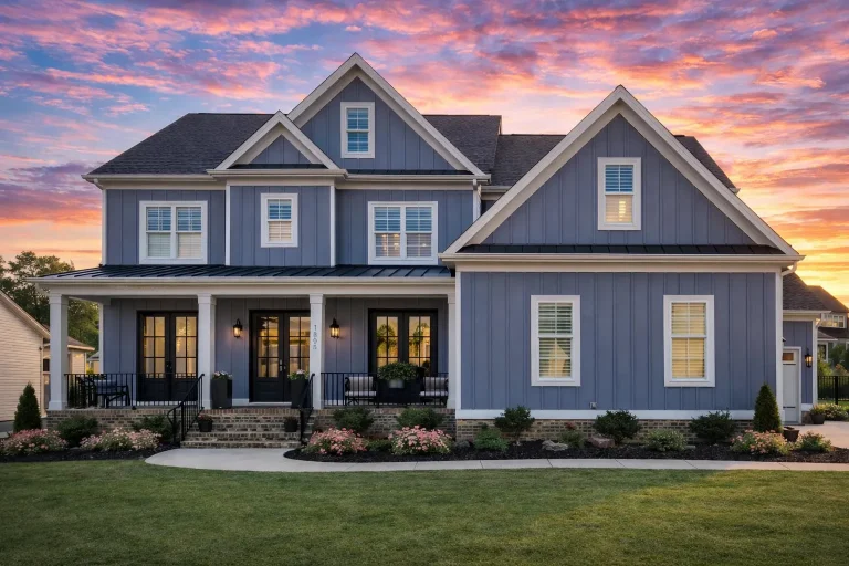 Front elevation of a New American Modern Traditional home with board and batten siding, covered porch, and coastal-inspired detailing