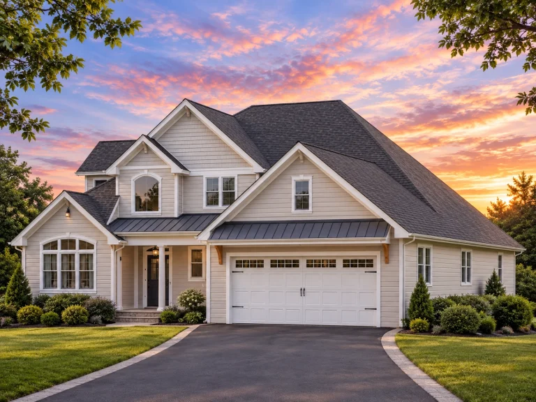 Front exterior of a New American Traditional Suburban house featuring horizontal siding, board and batten accents, gabled rooflines, and a covered entry porch