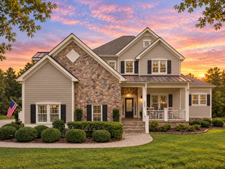 Front elevation of a Traditional Colonial style home featuring brick exterior, lap siding, shuttered windows, and a centered covered front porch