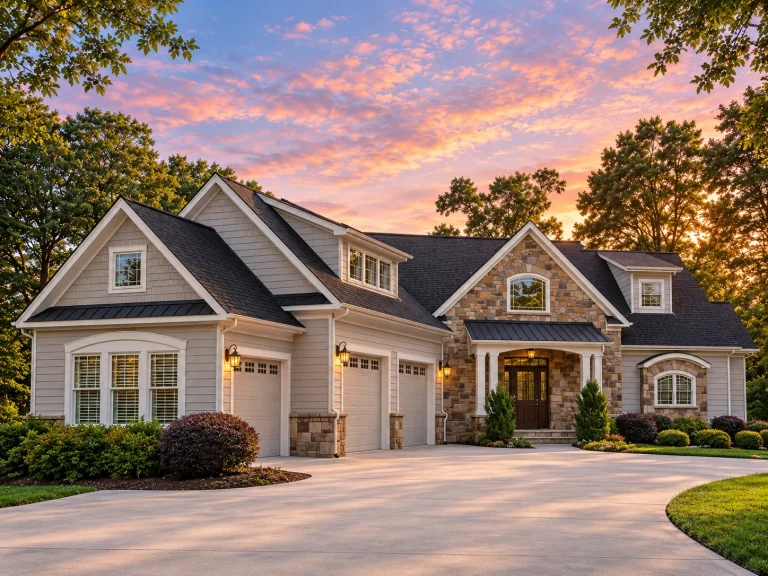 Single Family House Plans 7 Front elevation of a New American style suburban home with Craftsman influences, mixed siding exterior, gabled rooflines, and side-entry garage