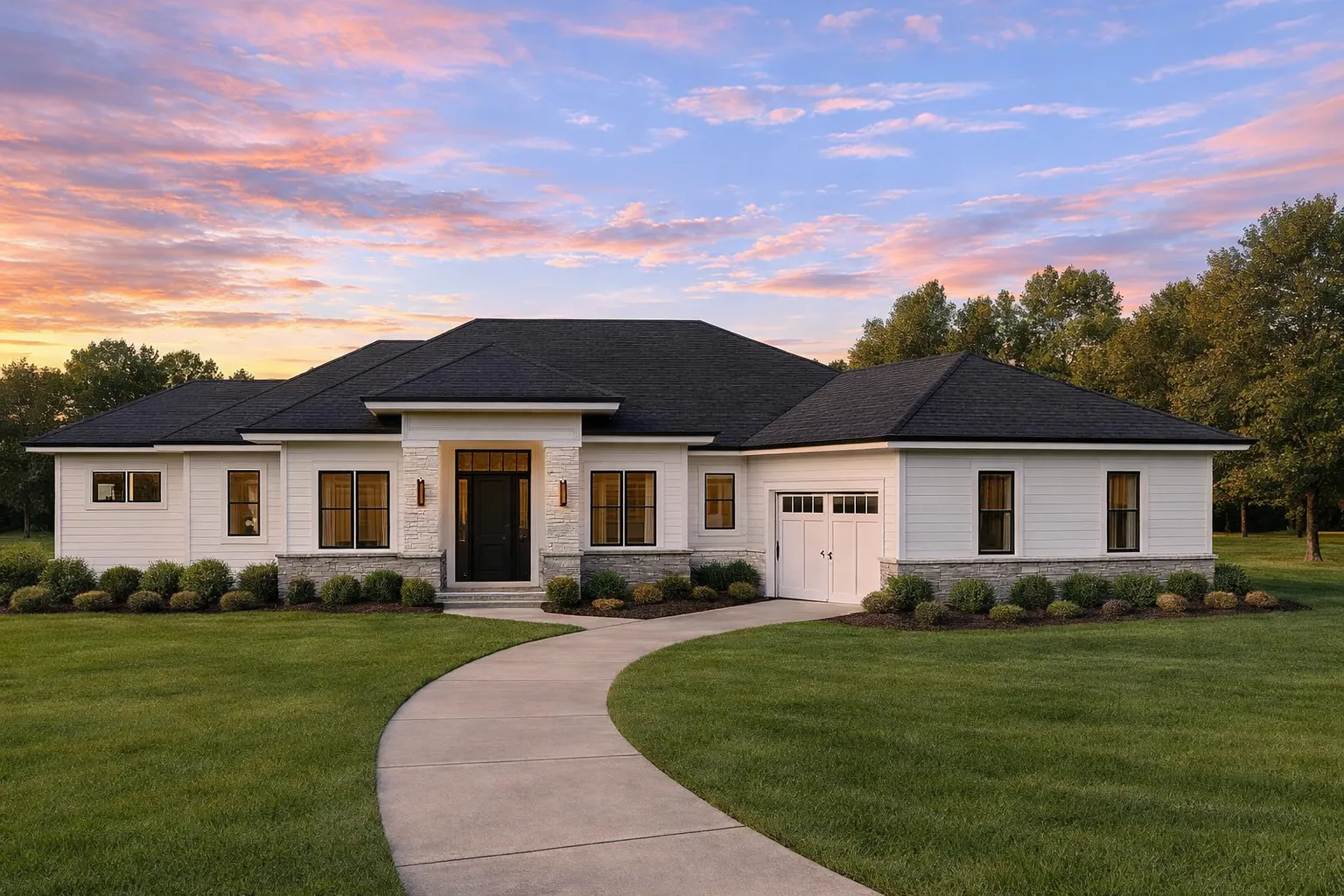 Front elevation of a Transitional Ranch style home with horizontal siding, stone accents, low-pitched rooflines, and modern farmhouse curb appeal