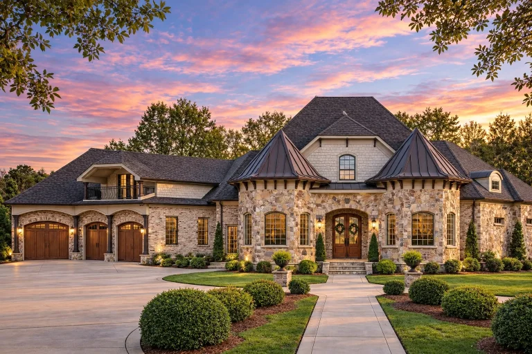 Front elevation of a French Country style luxury home featuring natural stone, brick exterior, steep rooflines, and symmetrical European design