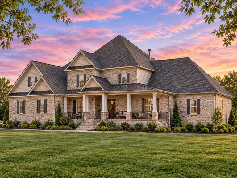 House Plans with Wraparound Porch 25 Front elevation of a New American style home with brick exterior, horizontal siding, covered Southern porch, and symmetrical gabled roof design