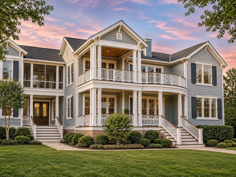 Courtyard House Plans 13 Front elevation of a Low Country coastal home with double stacked porches, lap siding exterior, and Charleston-style columns