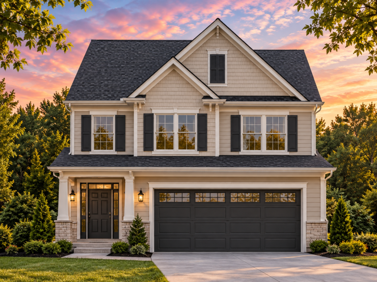 Front elevation of a Traditional New American style two-story house with light siding, gable rooflines, attached garage, and covered entry porch