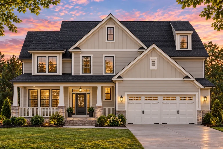 Front elevation of a Modern Farmhouse style home featuring board and batten siding, horizontal lap siding, stone accents, covered porch, and attached garage
