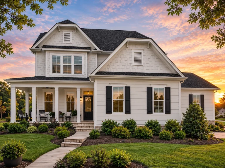 3 Bedroom House Plans 17 Front elevation of a New American Modern Traditional house featuring stone accents, horizontal siding, black shutters, and a covered front porch