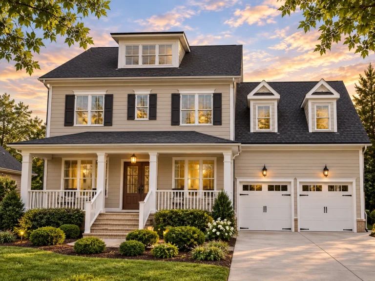 Front elevation of Traditional Colonial style home with white horizontal lap siding, black shutters, gabled roof, and attached two-car garage