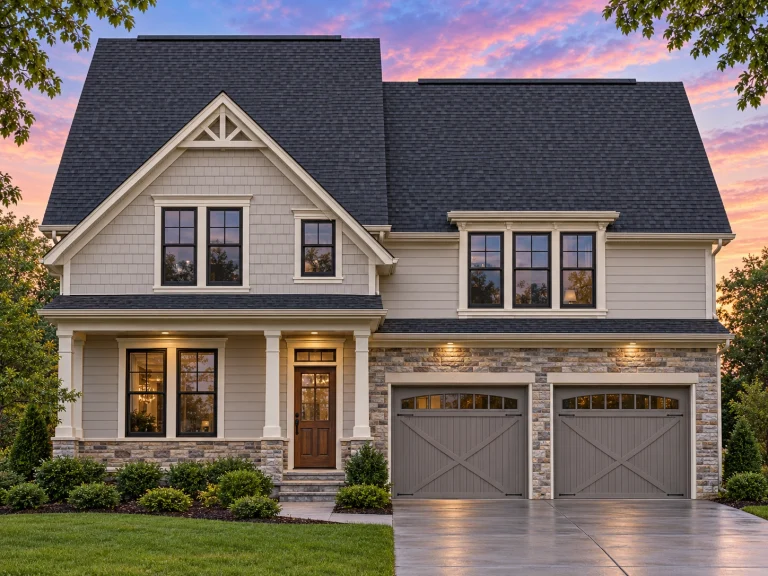Front elevation of a New American Craftsman style home with horizontal siding, board-and-batten accents, and carriage-style garage doors