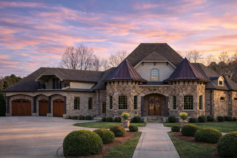 Front elevation of a French Country style luxury home featuring natural stone, brick exterior, steep rooflines, and symmetrical European design