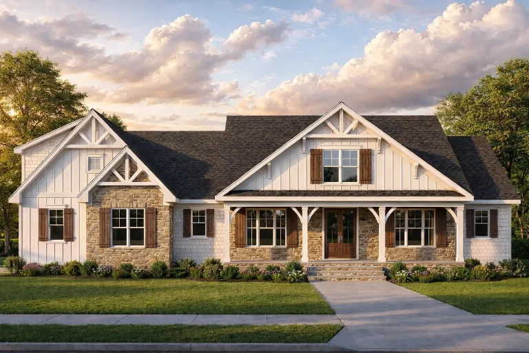 Front elevation of a Modern Farmhouse style home featuring board and batten siding, stone accents, gabled rooflines, and a covered front porch