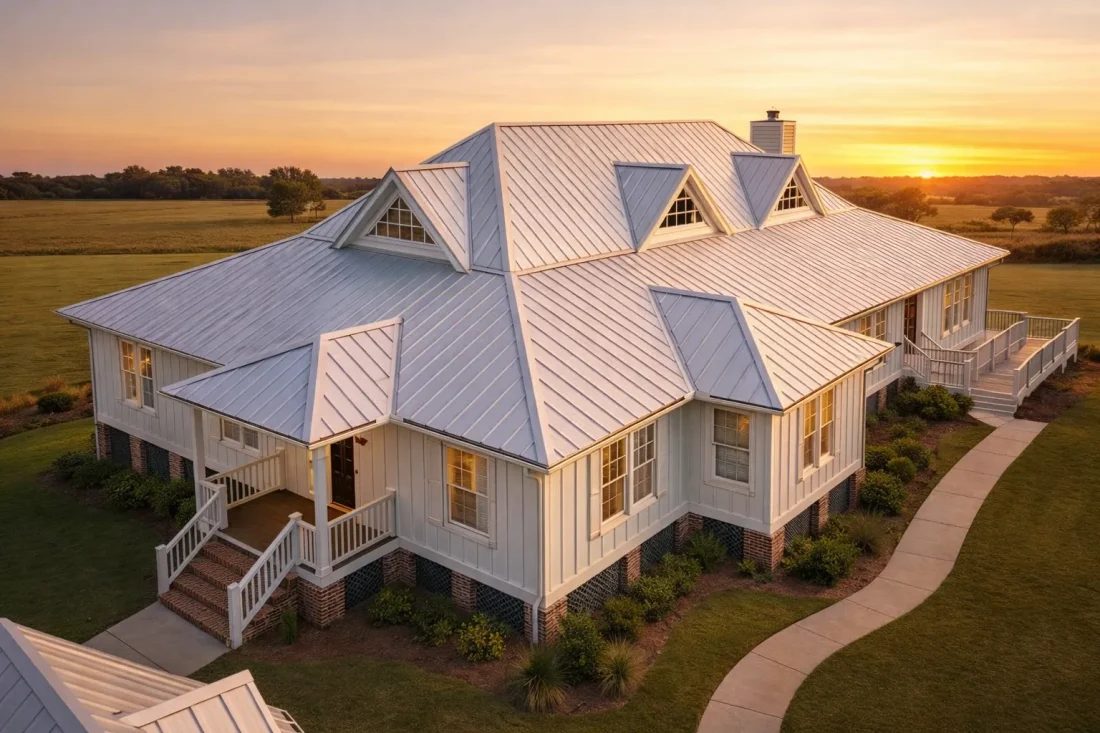 Front exterior of Modern Southern Farmhouse with white board and batten siding, standing seam metal roof, dormers, and wraparound porch at sunset