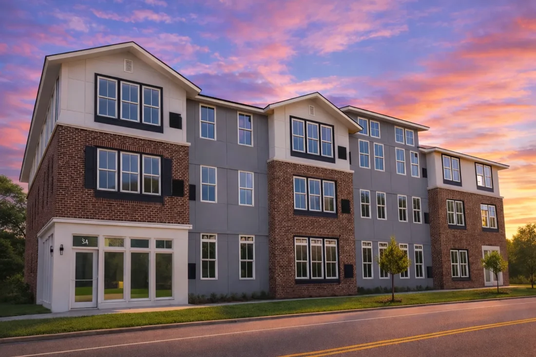 Front view of a modern urban apartment complex featuring a mix of brick and horizontal siding with large windows and clean, contemporary lines