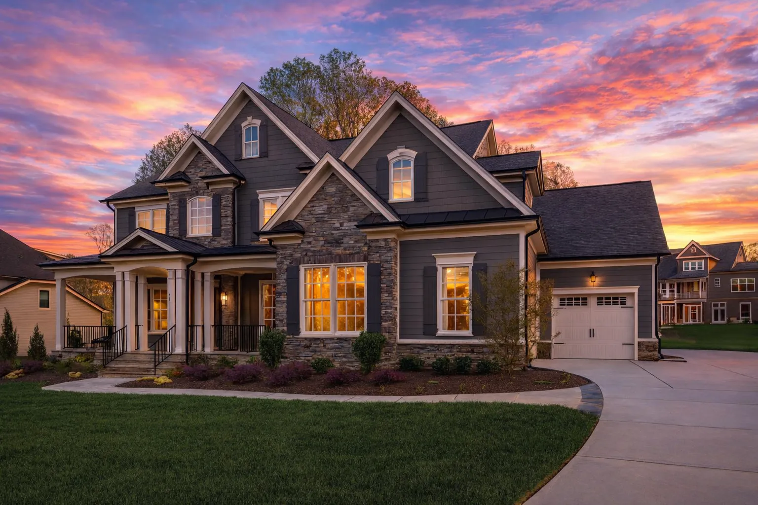 Front exterior view of a Traditional New American style home featuring brick and stone masonry, multi-gabled rooflines, covered porch, and side-entry garage
