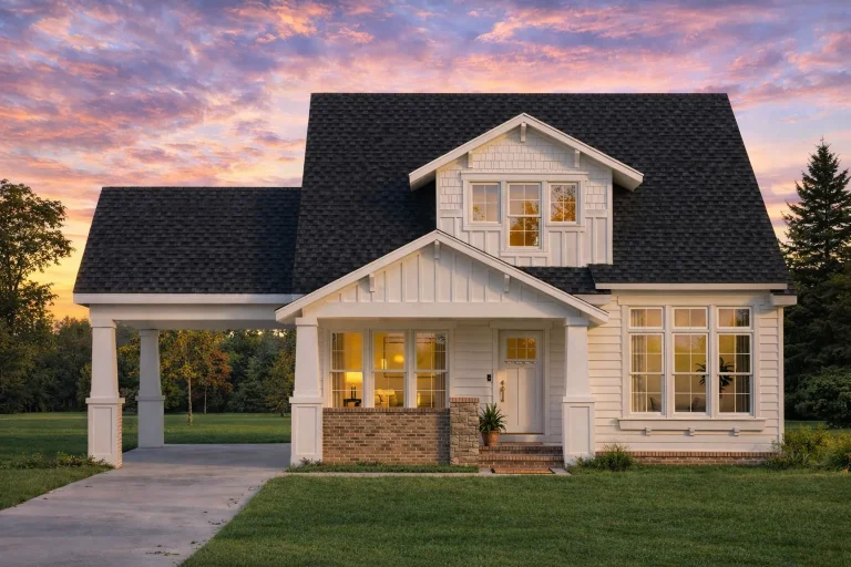 Front view of a Traditional Ranch style house featuring horizontal lap siding, stone wainscoting, gable rooflines, and clean suburban curb appeal