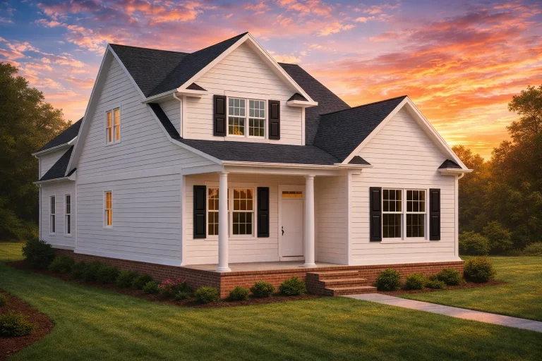 Front elevation of modern farmhouse style home with white horizontal lap siding, black shutters, gabled rooflines, and covered front porch