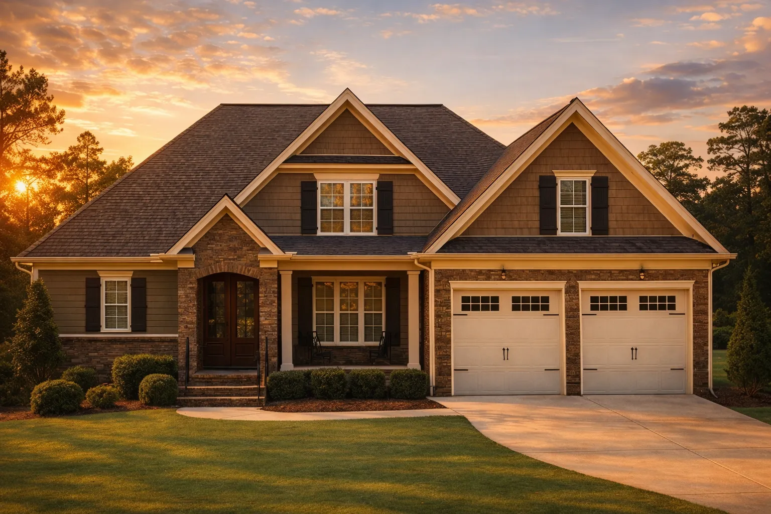 House Plans with Terrace 21 Front elevation of a New American Craftsman style home featuring brick and siding exterior, gabled rooflines, covered porch, and two-car garage