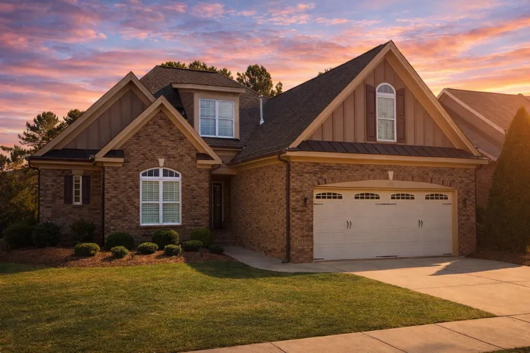Front elevation of a New American Traditional style home featuring stone veneer, horizontal siding, gabled rooflines, and a front-entry garage