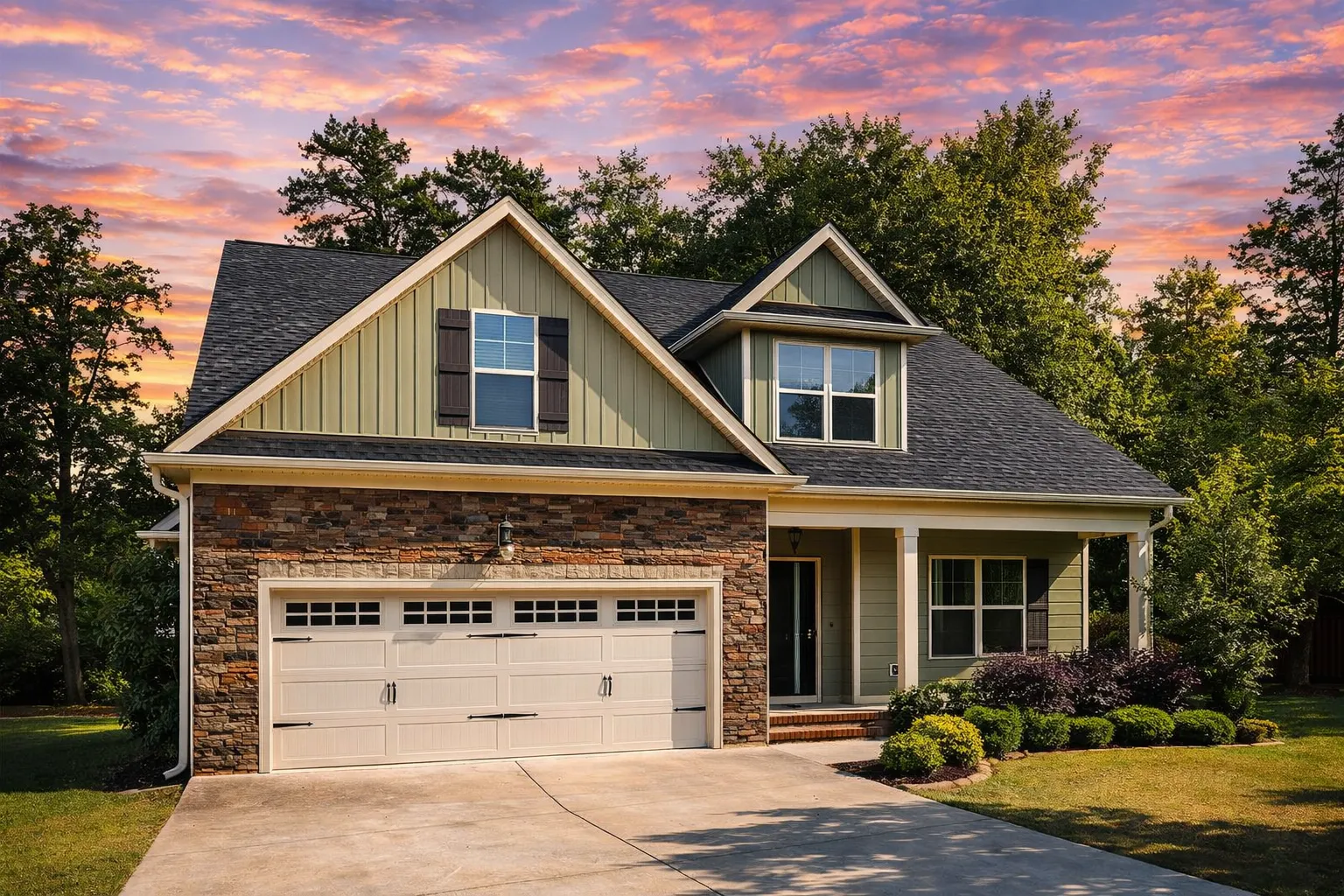 Front exterior view of a Cape Cod style home with white lap siding, dark shingle roof, front-entry garage, and symmetrical windows
