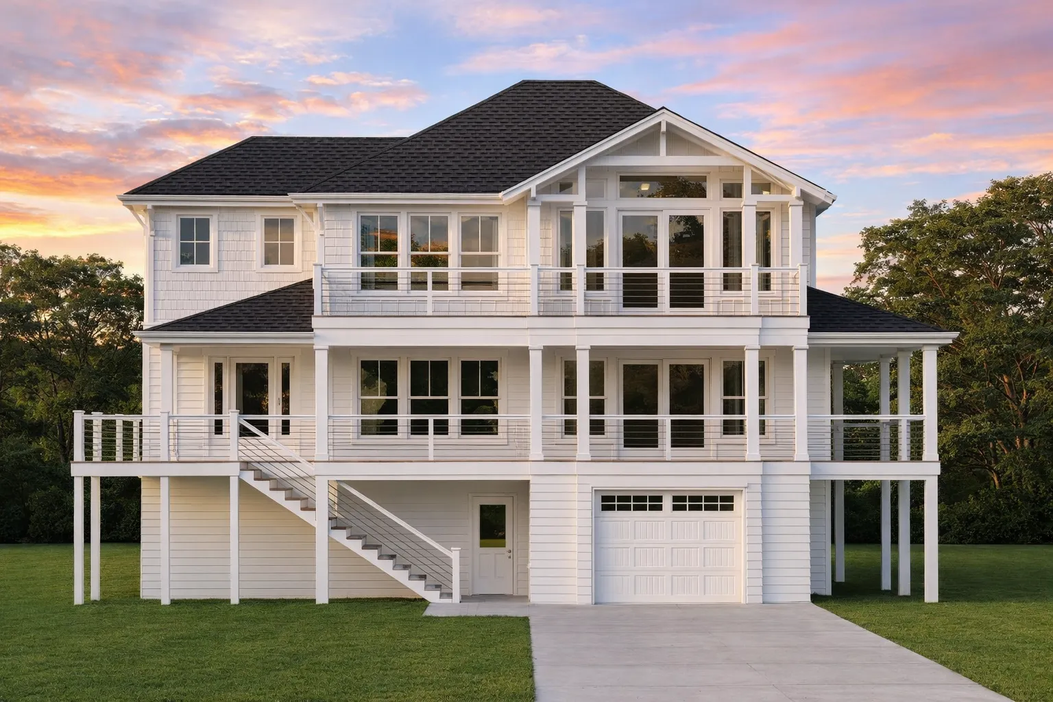 Front exterior of a Coastal Low Country style home with elevated foundation, horizontal siding, wide porches, balcony railings, and classic coastal architecture