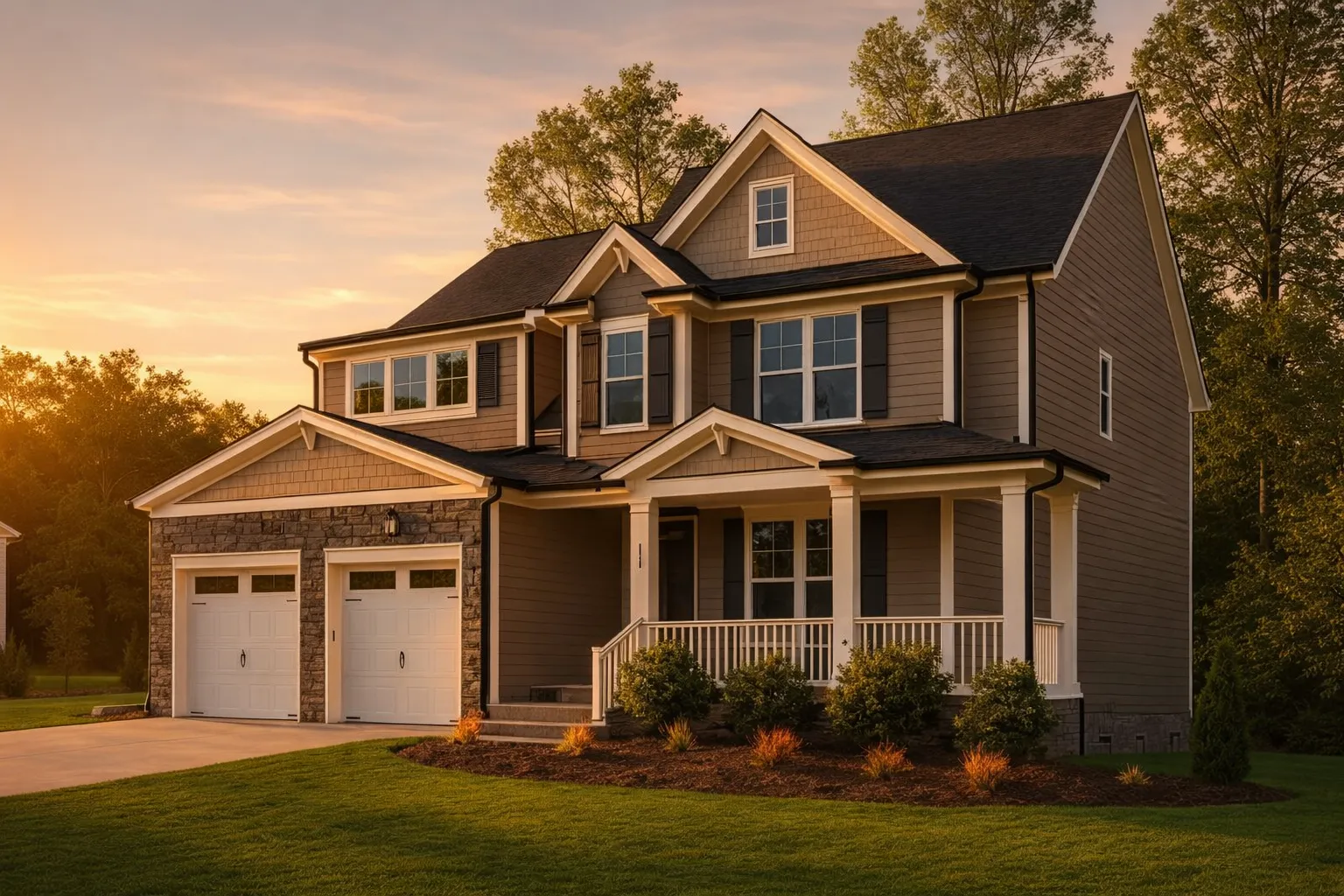 Front exterior view of a Traditional Colonial New American style home with lap siding, stone accents, gabled rooflines, and covered front porch