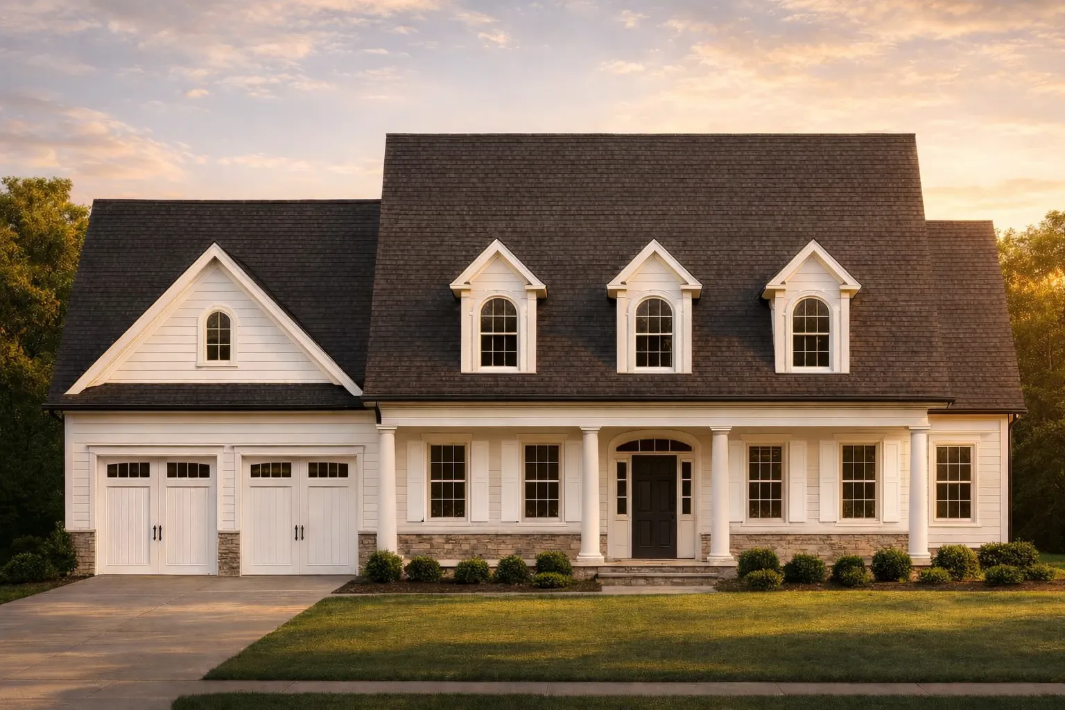 Front elevation of a Cape Cod style home with Colonial Revival details, dormer windows, lap siding, stone accents, and a covered porch