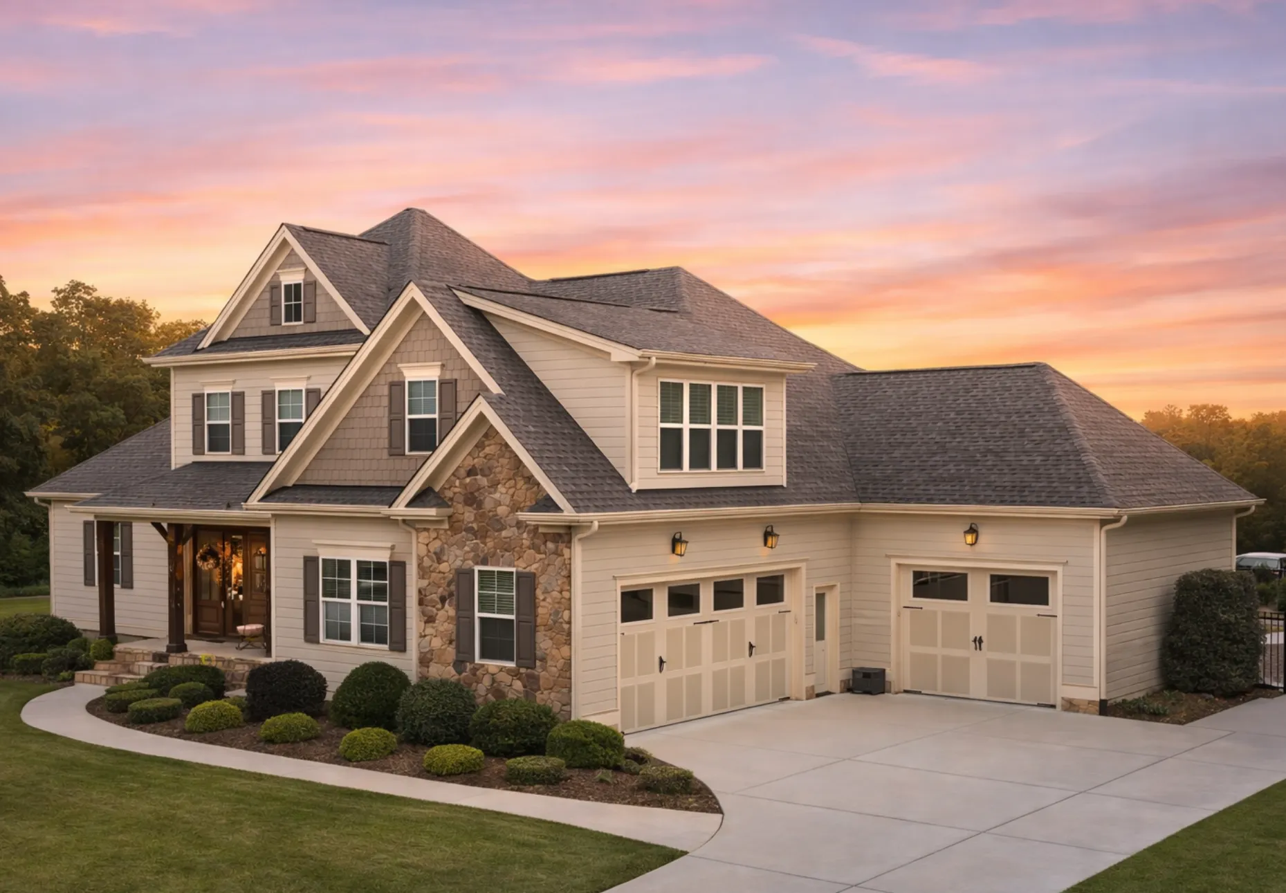 Front elevation of a New American Traditional style home featuring stone and siding exterior, symmetrical windows, and a welcoming covered porch