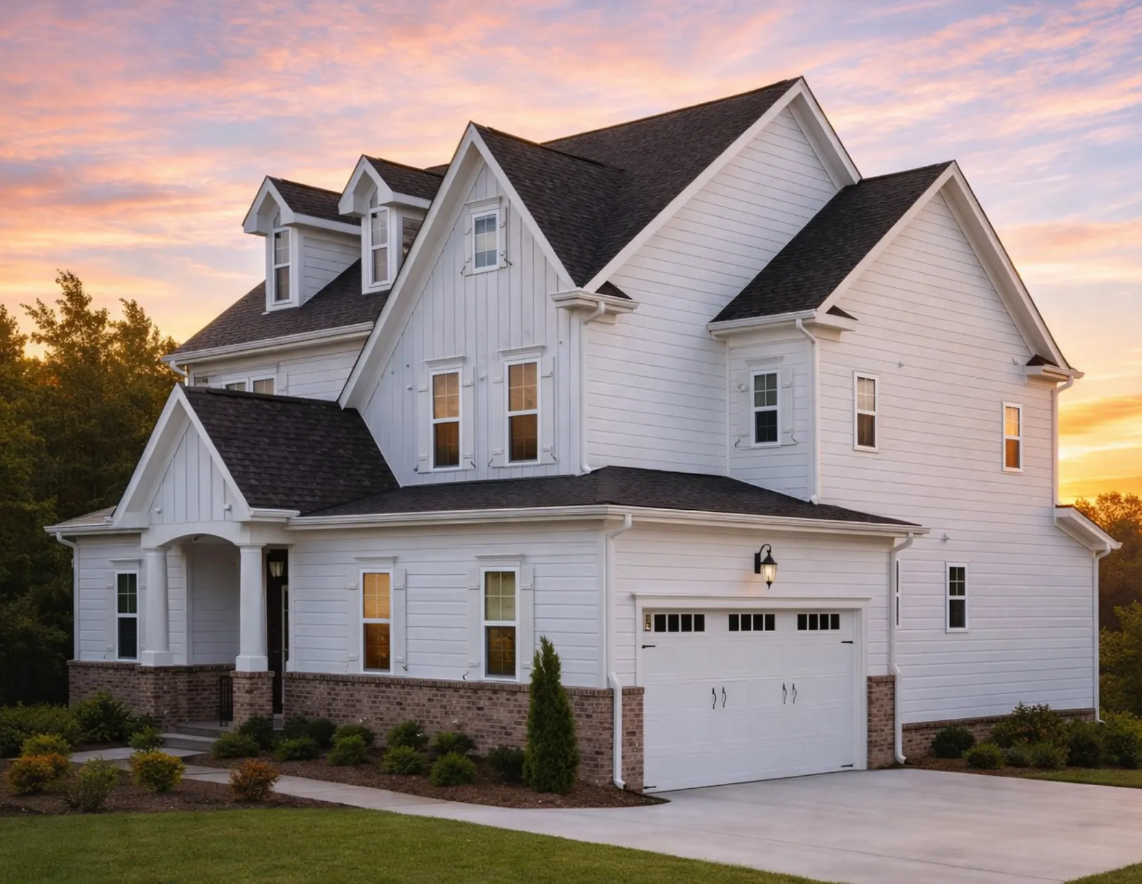 Front elevation of a New American modern farmhouse house with board and batten siding, stone accents, covered porch, and symmetrical gabled roofline