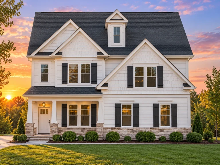 Southwestern House Plans 5 Front elevation of a Modern Farmhouse style home featuring white siding, dark shutters, shingle accents, and stone wainscoting with a two-car garage