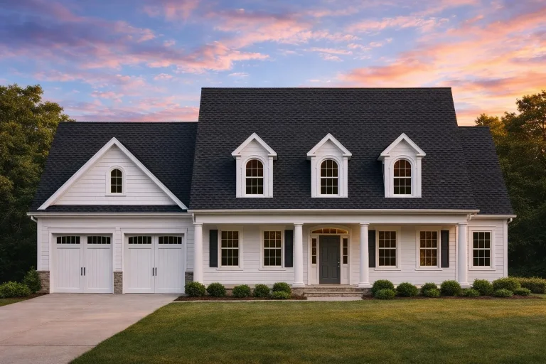 Front elevation of Cape Cod style home with white clapboard siding, three dormers, gable roof, and attached two-car garage