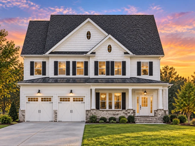 Front elevation of a New American modern traditional house with horizontal siding, stone accents, symmetrical windows, and an attached two-car garage